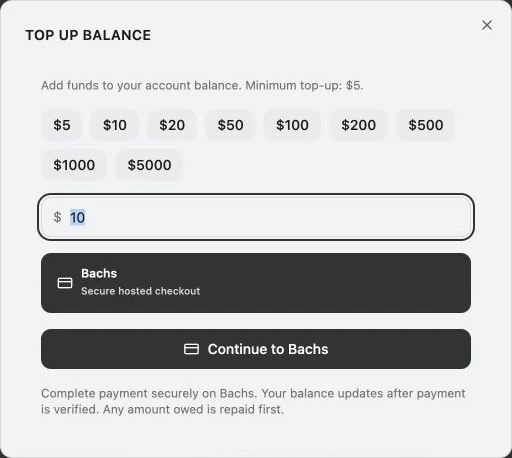 Top up balance dialog with amount and payment method controls