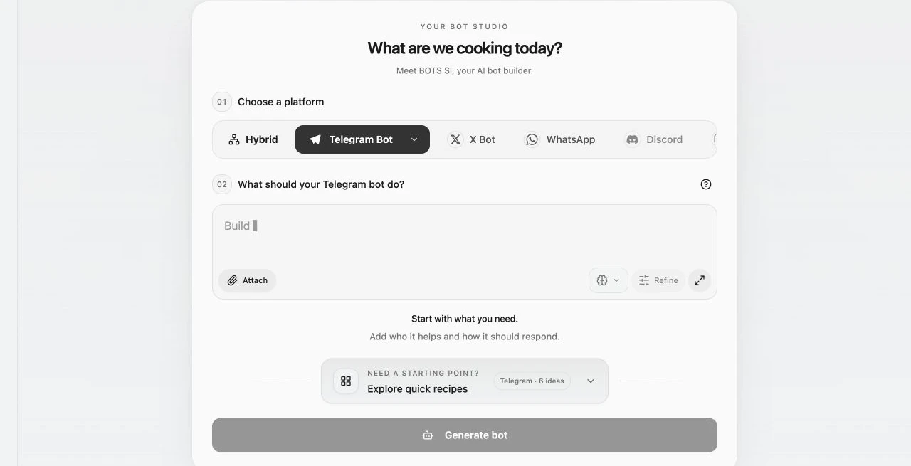 CookMyBots home page with platform choices and a bot description field
